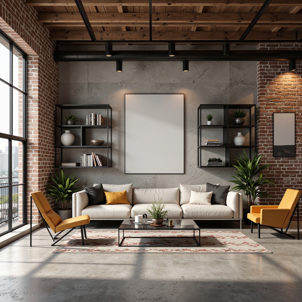 Prompt: Minimalist living room, industrial chic atmosphere, open shelving units, exposed brick walls, polished concrete floors, functional decorative objects, geometric-shaped furniture, primary color accents, metal and glass coffee table, minimalist artwork, modern track lighting, abundant natural light, high ceilings, urban loft feel, 3/4 composition, shallow depth of field, realistic textures.