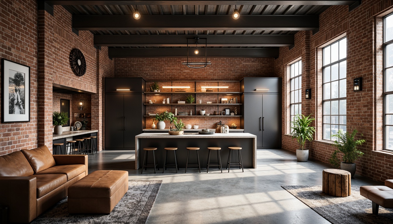 Prompt: Exposed brick walls, industrial metal beams, polished concrete floors, reclaimed wood accents, metal mesh shelving, Edison bulb lighting, urban loft atmosphere, open-plan living space, minimalist decor, functional industrial-style fixtures, matte black metal finishes, distressed leather upholstery, raw concrete countertops, industrial-chic color palette, high ceilings, natural light pouring in, soft warm glow, shallow depth of field, 3/4 composition, realistic textures, ambient occlusion.