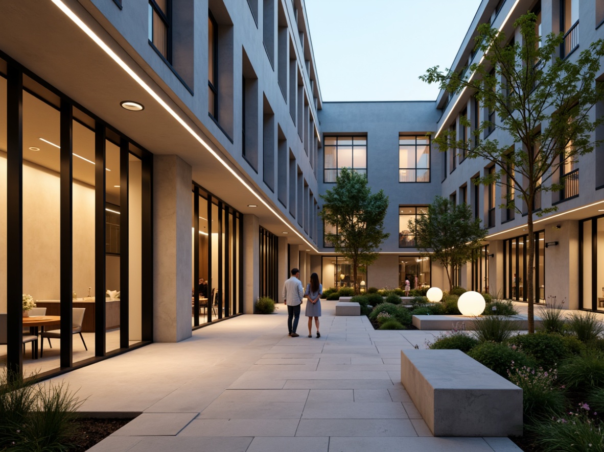 Prompt: Minimalist campus courtyard, soft warm LED lighting, sleek metal fixtures, subtle color temperatures, ambient Occlusion, gentle shadows, natural stone pavement, modern benches, greenery accents, simple water features, abstract sculptures, calm atmosphere, shallow depth of field, 3/4 composition, panoramic view, realistic textures, warm white tones, diffused light sources, softbox lighting effects.