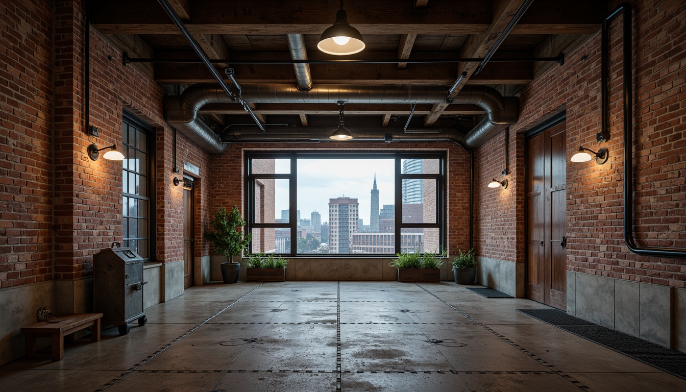 Prompt: Exposed brick walls, distressed wooden beams, metal pipes, industrial-style lighting fixtures, reclaimed wood floors, concrete foundations, steel frames, corrugated metal roofs, riveted details, worn stone surfaces, urban cityscape views, dramatic high ceilings, moody atmospheric lighting, 3/4 composition, gritty textures, cinematic depth of field.