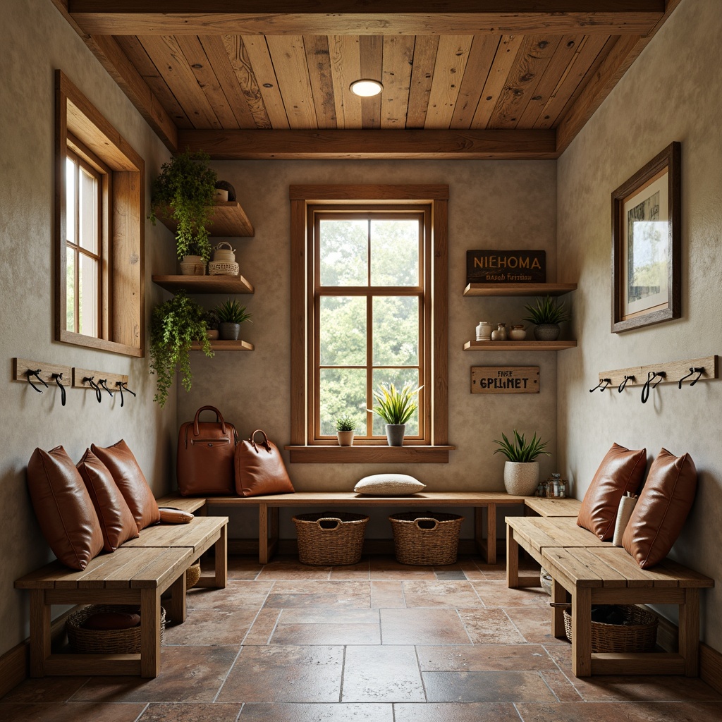 Prompt: Cozy mudroom, rustic wooden benches, warm earthy tones, natural stone flooring, woven wicker baskets, soft beige walls, rich brown leather accents, industrial metal hooks, distressed wood shelving, vintage decorative signs, warm overhead lighting, 1/1 composition, shallow depth of field, realistic textures, ambient occlusion.