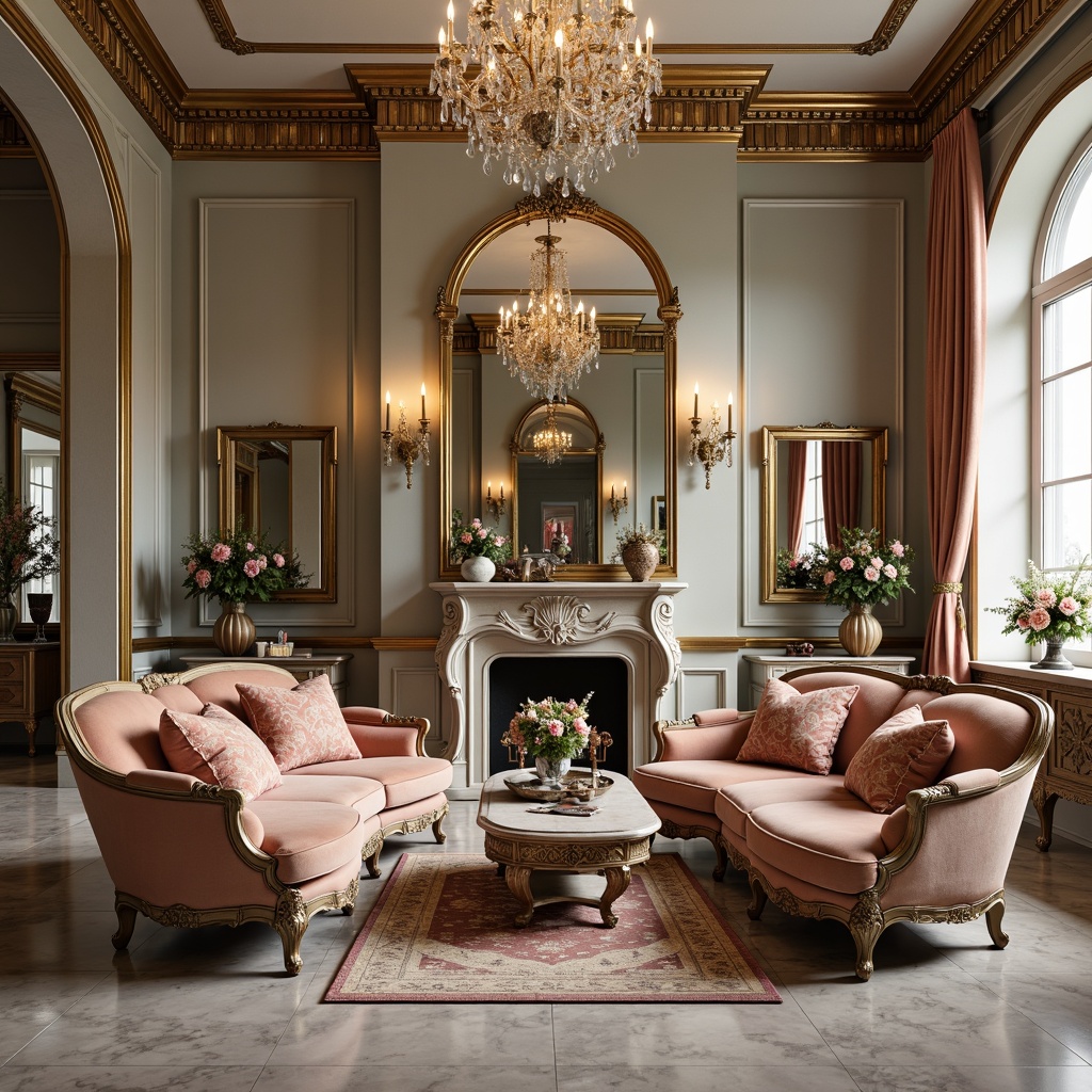 Prompt: Luxurious velvet sofas, intricately carved wooden furniture, ornate mirrors, crystal chandeliers, gilded frames, soft pastel hues, delicate florals, lavish textiles, tufted upholstery, curved lines, golden accents, marble floors, lavish drapery, opulent fabrics, Rococo patterns, antique vases, candelabras, warm candlelight, shallow depth of field, 1/1 composition, soft focus, realistic textures.