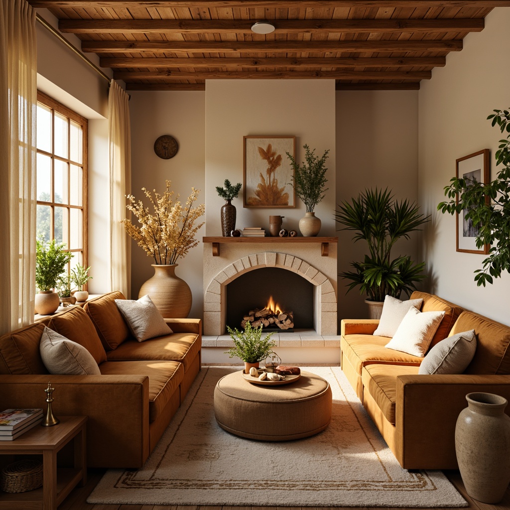 Prompt: Cozy living room, warm beige walls, plush velvet sofas, soft golden lighting, rich wood accents, natural stone fireplace, earthy terracotta vases, vibrant greenery, creamy white curtains, inviting aroma, comfortable seating area, relaxing atmosphere, warm color scheme, calming ambiance, serene mood, 1/2 composition, soft focus, gentle shadows.