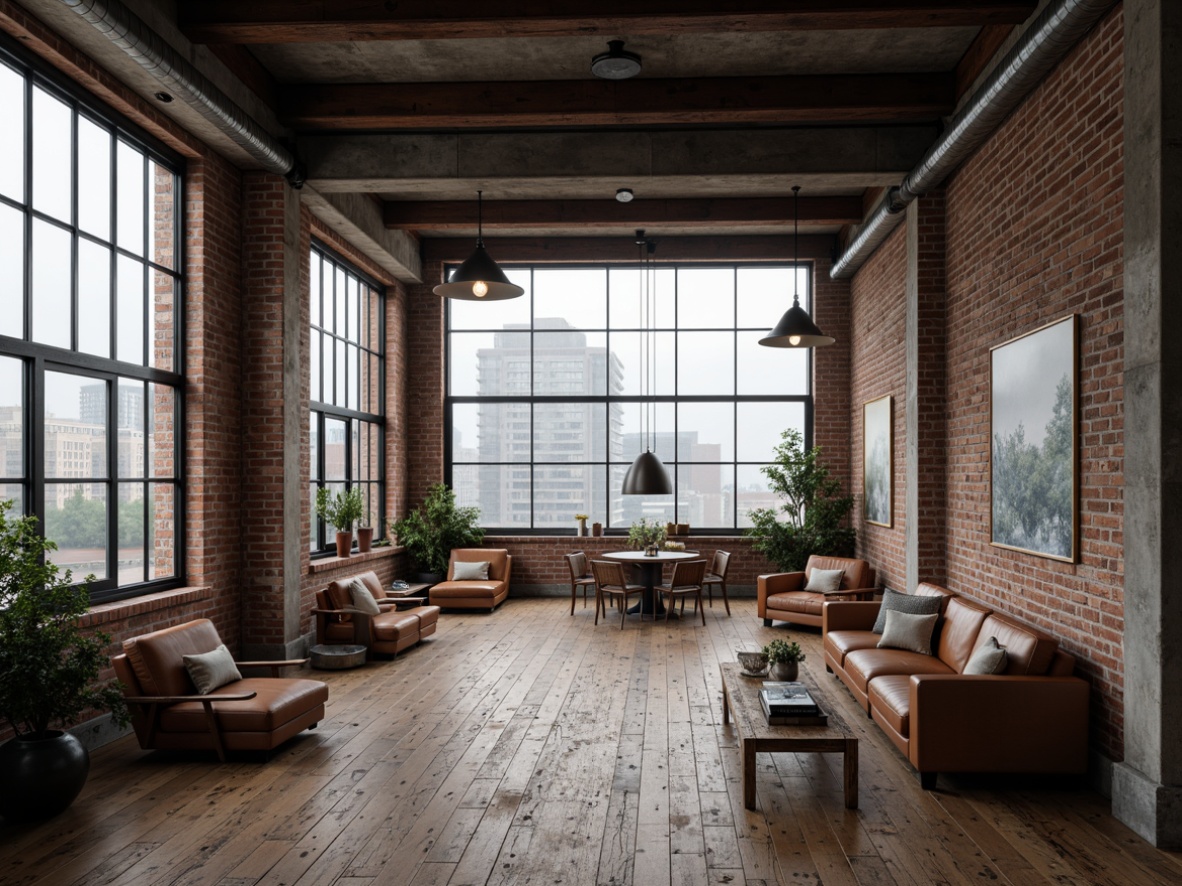 Prompt: Exposed brick walls, metal beams, reclaimed wood floors, industrial pendant lights, vintage factory windows, minimalist decor, neutral color palette, modern furniture, distressed leather sofas, concrete columns, urban city views, atmospheric foggy day, soft box lighting, shallow depth of field, 1/2 composition, realistic textures, ambient occlusion.