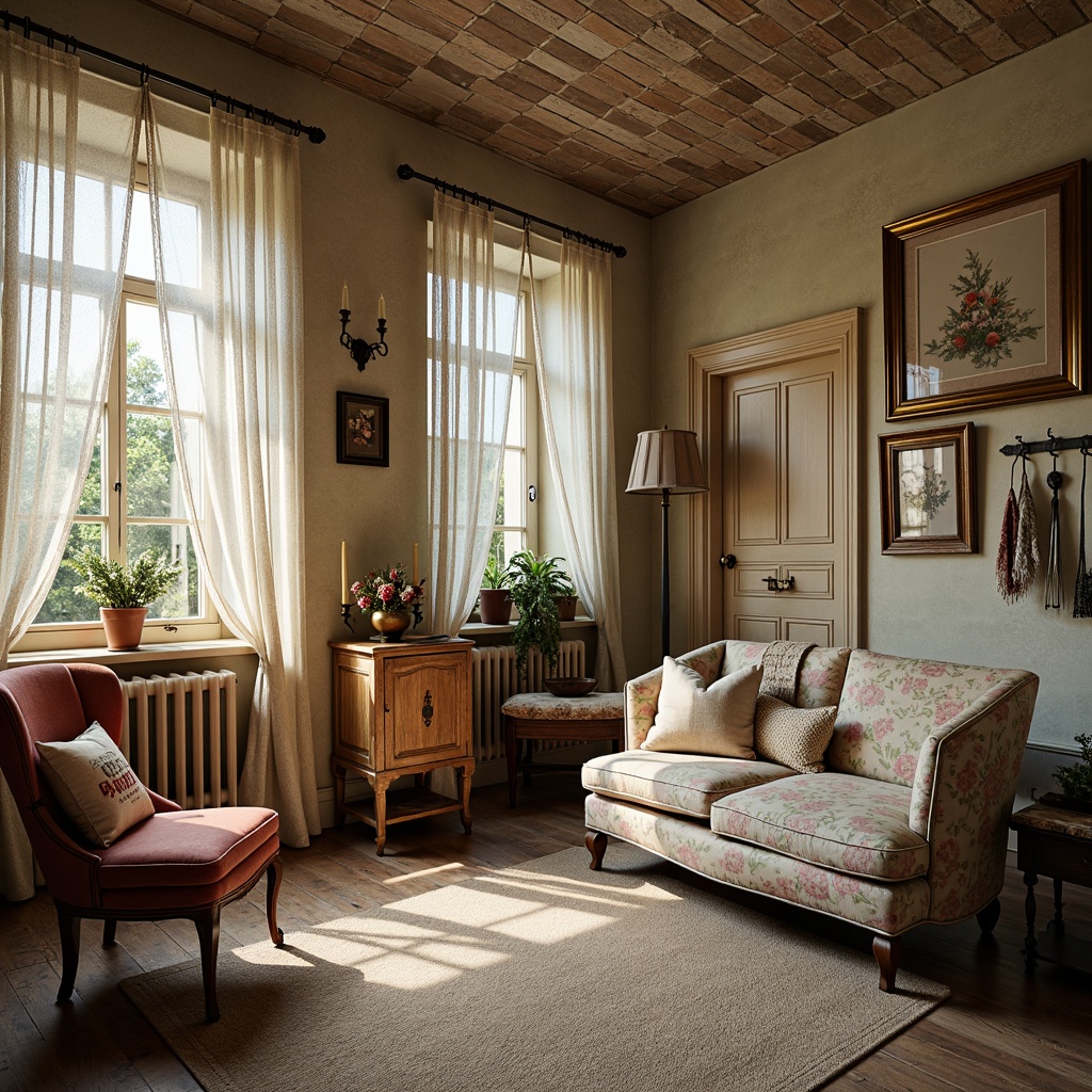 Prompt: Distressed wooden furniture, soft pastel hues, vintage floral patterns, lace drapes, velvet upholstery, ornate metal frames, antique decorative items, worn stone floors, rustic brick walls, natural fiber rugs, linen fabrics, candlelit ambiance, warm golden lighting, 3/4 composition, shallow depth of field, realistic textures, ambient occlusion.