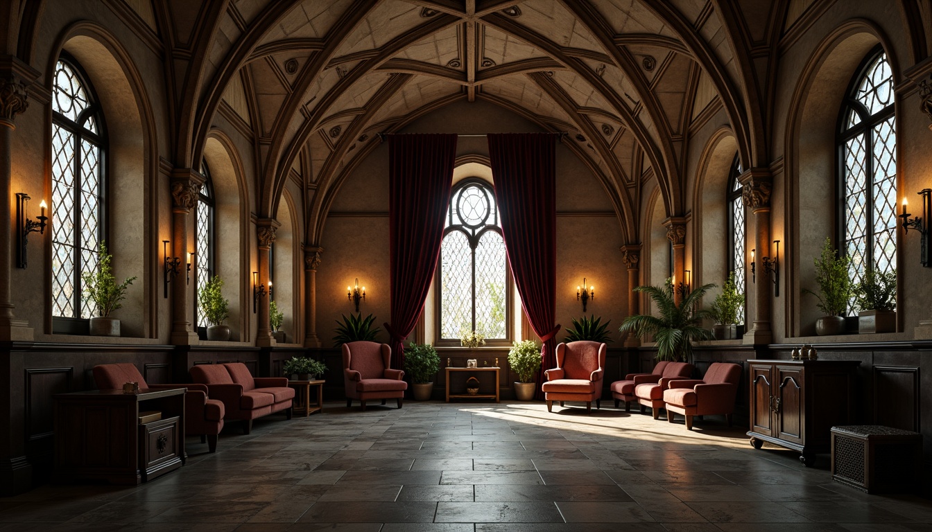 Prompt: Gothic clinic interior, ornate stone walls, vaulted ceilings, grand archways, stained glass windows, intricate carvings, medieval-inspired furniture, luxurious velvet drapes, rich wood paneling, mysterious ambient lighting, dramatic shadows, eerie silence, 1/2 composition, symmetrical framing, warm color palette, realistic textures, subtle specularity.