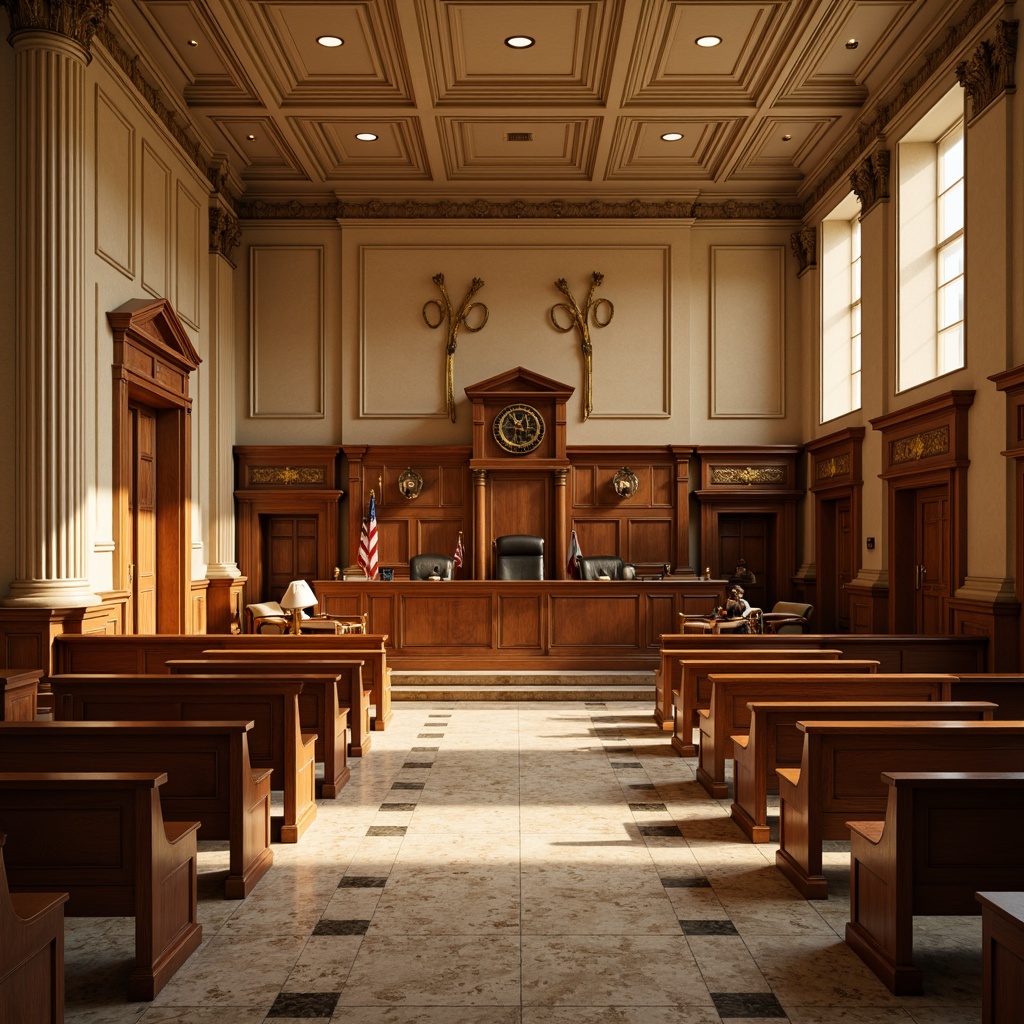 Prompt: Warm beige walls, rich wood tones, elegant marble floors, stately columns, ornate moldings, dignified courtroom atmosphere, solemn judge's bench, wooden spectator pews, polished brass fixtures, subtle natural light, soft warm lighting, shallow depth of field, 3/4 composition, realistic textures, ambient occlusion.