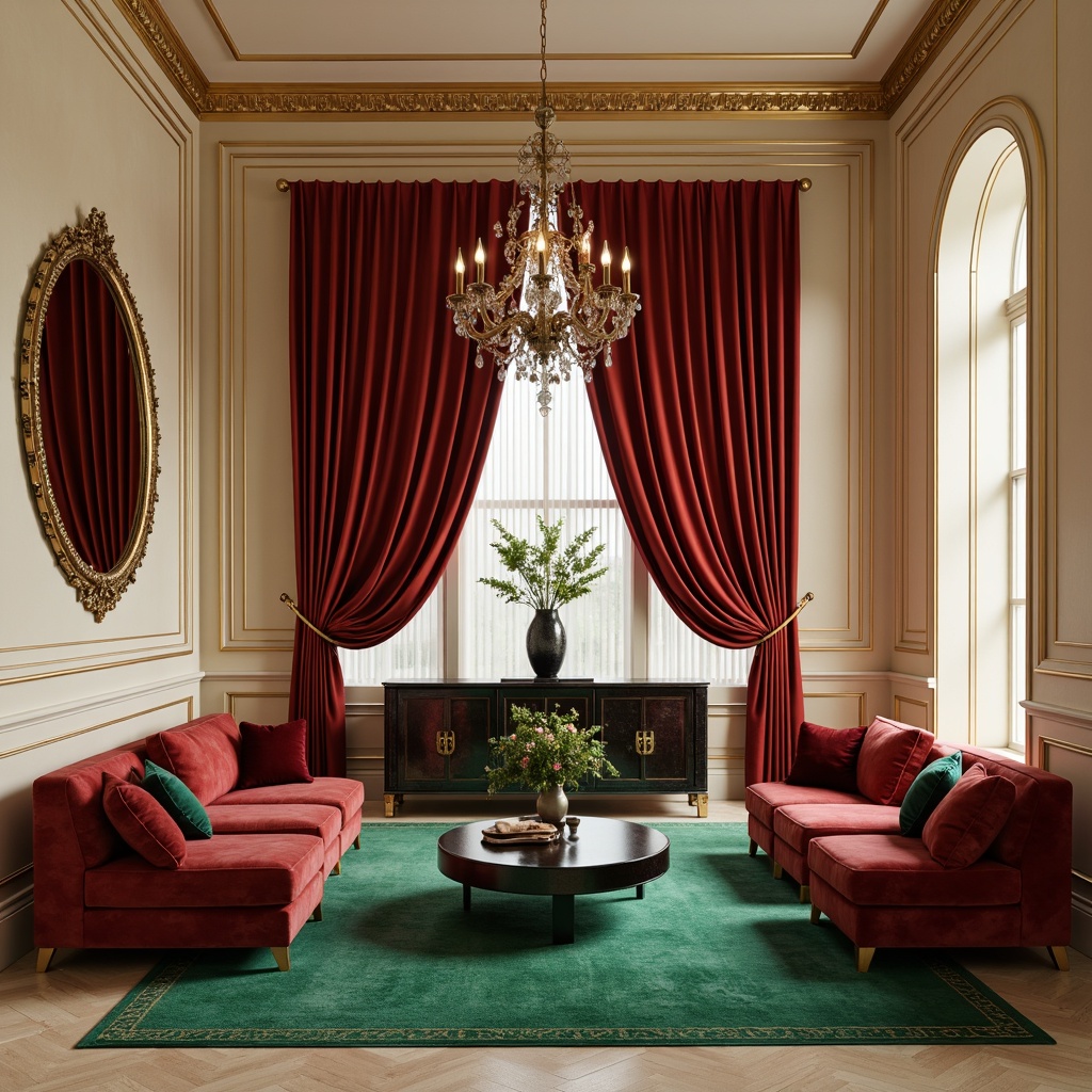 Prompt: Rich velvet sofas, luxurious golden accents, soft cream walls, warm beige floors, opulent emerald green rugs, statement lighting fixtures, metallic bronze hardware, lavish crimson drapes, dramatic high ceilings, ornate moldings, sophisticated neutral tones, inviting warm ambiance, cozy intimate spaces, plush throw pillows, richly textured fabrics, elegant marble countertops, refined satin finishes, sumptuous jewel-toned hues, luxurious metallic sheens.