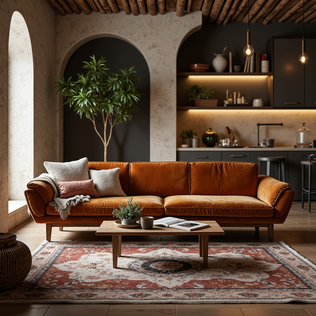 Prompt: Mid-century modern sofa, velvet upholstery, wooden legs, minimalist coffee table, industrial metal chairs, reclaimed wood shelving, bohemian rug, Moroccan-inspired tiles, natural stone walls, earthy color palette, warm ambient lighting, shallow depth of field, 3/4 composition, realistic textures, atmospheric rendering.