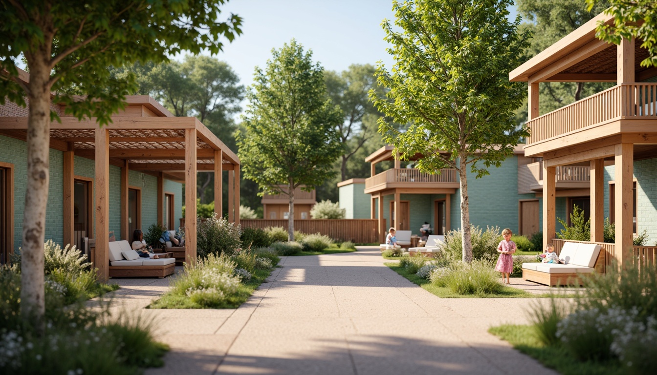 Prompt: Whimsical kindergarten playground, distressed wooden fences, vintage metal swings, floral patterned canopies, soft pastel colors, rustic brick walls, woven wicker furniture, natural wood accents, lush greenery, blooming flowers, sunny day, warm soft lighting, shallow depth of field, 3/4 composition, panoramic view, realistic textures, ambient occlusion.