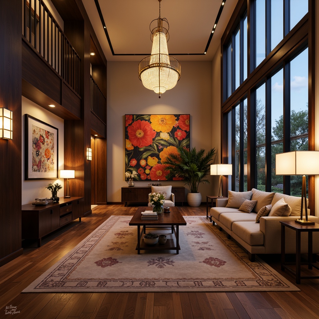 Prompt: Modern luxury living room, high ceiling, elegant chandelier, warm ambient lighting, floor lamps, table lamps, softbox lights, LED strip lights, dimmable fixtures, layered lighting design, cozy atmosphere, rich wood flooring, plush furniture, vibrant colorful artwork, large windows, natural daylight, soft shadows, 1/1 composition, realistic textures, subtle reflections.