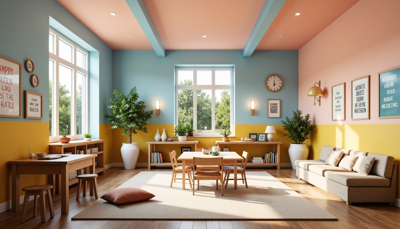 Prompt: Vibrant classroom, pastel colors, soft peach tones, calming blue hues, gentle yellow accents, creamy white walls, wooden furniture, natural textiles, earthy brown floors, cozy reading nooks, inspirational quotes, educational posters, minimalist decor, abundant natural light, warm task lighting, soft shadows, 1/1 composition, intimate atmosphere, realistic textures, ambient occlusion.