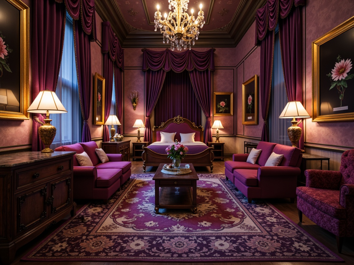 Prompt: Ornate gold frames, velvet upholstered sofas, intricately carved wooden chairs, luxurious marble tables, ornamental mirrors, gilded candle holders, richly patterned rugs, grandiose crystal chandeliers, majestic four-poster beds, heavily draped curtains, antique bronze vases, lavishly embroidered fabrics, regal purple hues, dramatic lighting effects, 1/1 composition, low-key warm illumination, cinematic atmosphere.