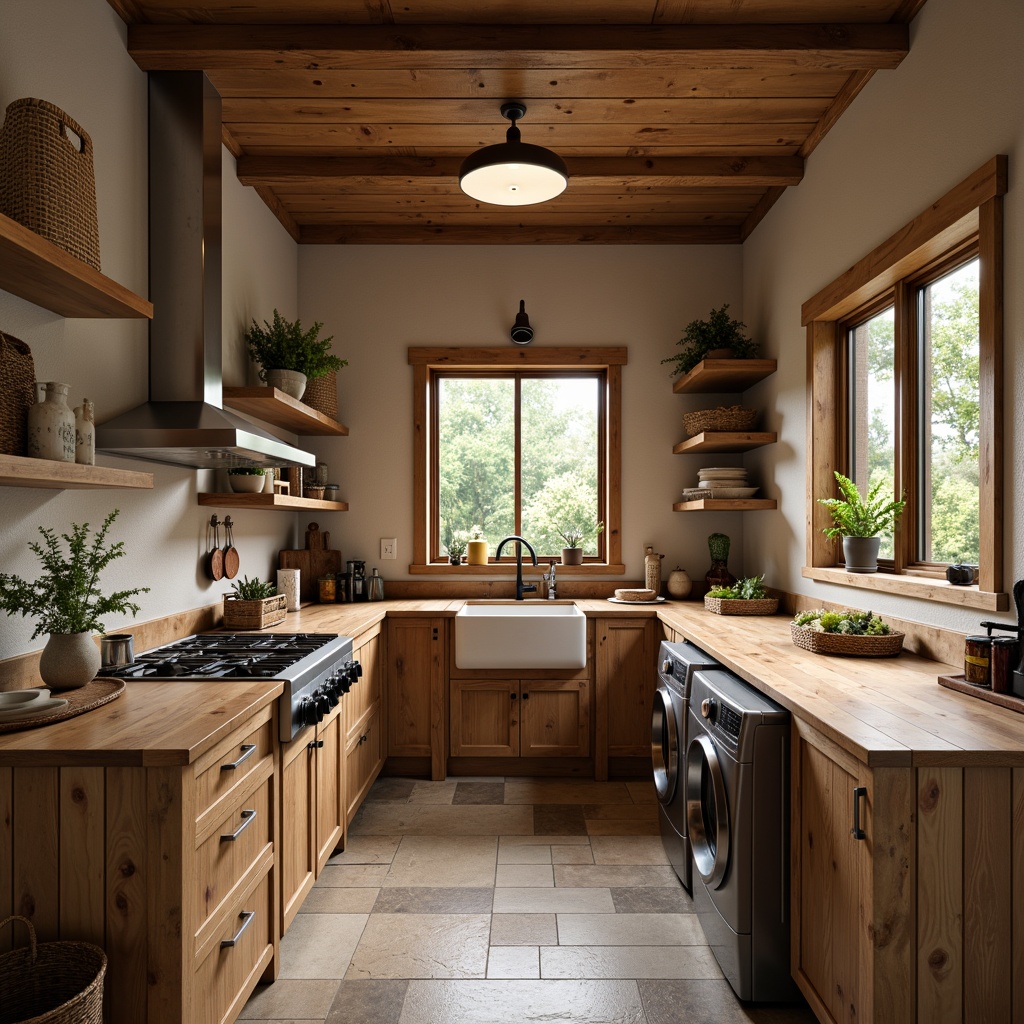 Prompt: Rustic laundry room, craftsman style cabinetry, butcher block countertops, earthy tone wood accents, vintage metal appliances, woven baskets, natural stone flooring, exposed wooden beams, warm soft lighting, shallow depth of field, 1/1 composition, realistic textures, ambient occlusion.