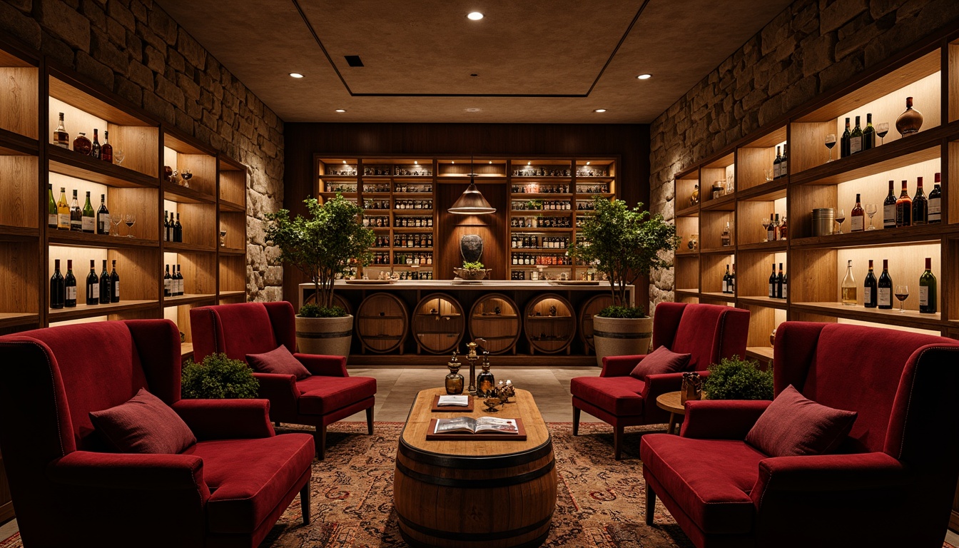 Prompt: Luxurious wine cellar, rich wood tones, elegant stone walls, dim warm lighting, plush velvet chairs, wooden wine barrels, metal wine racks, glass-enclosed wine cabinets, rustic wooden tables, leather-bound wine books, ornate metal lanterns, ambient soft glow, shallow depth of field, 1/1 composition, realistic textures, warm color palette.