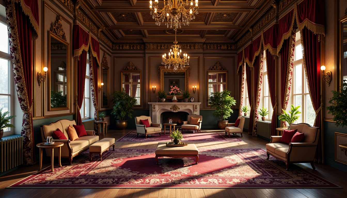 Prompt: Luxurious baroque interior, rich velvet fabrics, intricate gold embroidery, ornate brocade patterns, lavish silk drapes, opulent tassel trims, jewel-toned upholstery, regal crimson reds, majestic blues, golden yellows, soft warm lighting, dramatic shadows, Renaissance-inspired furniture, carved wooden accents, gilded frames, antique mirrors, elaborate chandeliers, 3/4 composition, shallow depth of field, realistic textures.