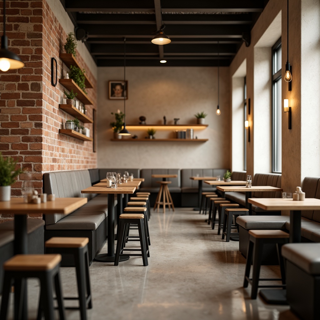 Prompt: Minimalist pub interior, wooden tables, metal stools, simple pendant lights, exposed brick walls, polished concrete floors, industrial-style decor, reclaimed wood accents, cozy corner booths, warm beige tones, soft warm lighting, shallow depth of field, 3/4 composition, realistic textures, ambient occlusion.