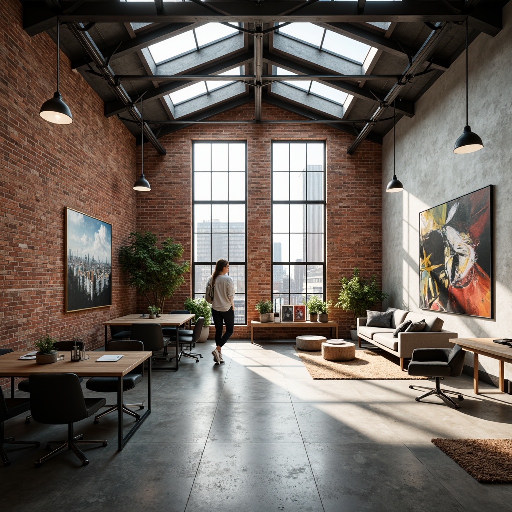 Prompt: Exposed brick walls, polished concrete floors, minimalist industrial chic, reclaimed wood accents, metal beam ceilings, large skylights, natural light pouring in, airy atmosphere, open layout, collaborative workspaces, modern ergonomic furniture, sleek lines, bold color schemes, urban loft vibes, dynamic lighting systems, floor-to-ceiling windows, cityscape views, abstract art pieces, eclectic decor, industrial-chic accessories, 3/4 composition, high contrast, dramatic shadows, soft warm glow, realistic textures.