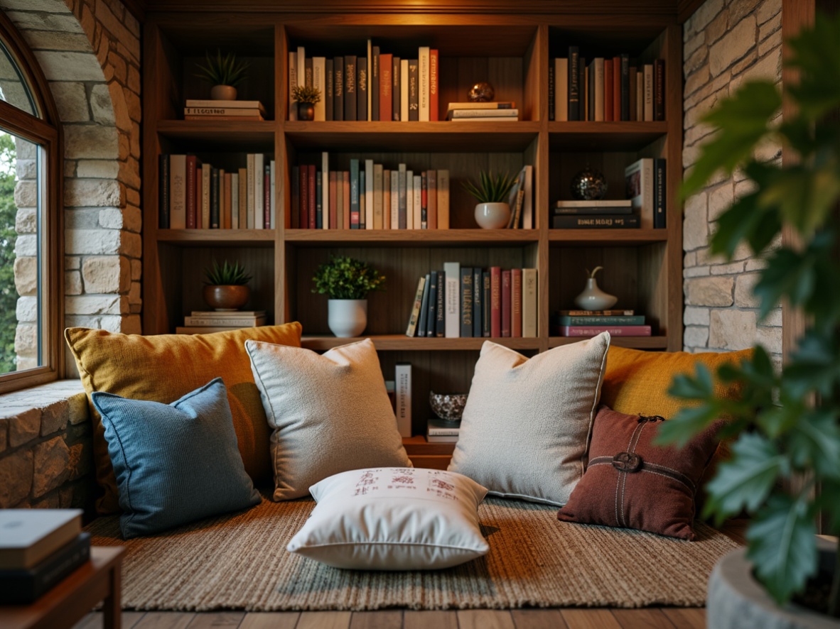 Prompt: Cozy reading nook, warm ambient lighting, plush throw pillows, rich wood tones, earthy color scheme, muted greens, soft blues, creamy whites, comforting beige, natural stone walls, rustic wooden shelves, vintage book collections, soft focus, shallow depth of field, 1/1 composition, inviting atmosphere.