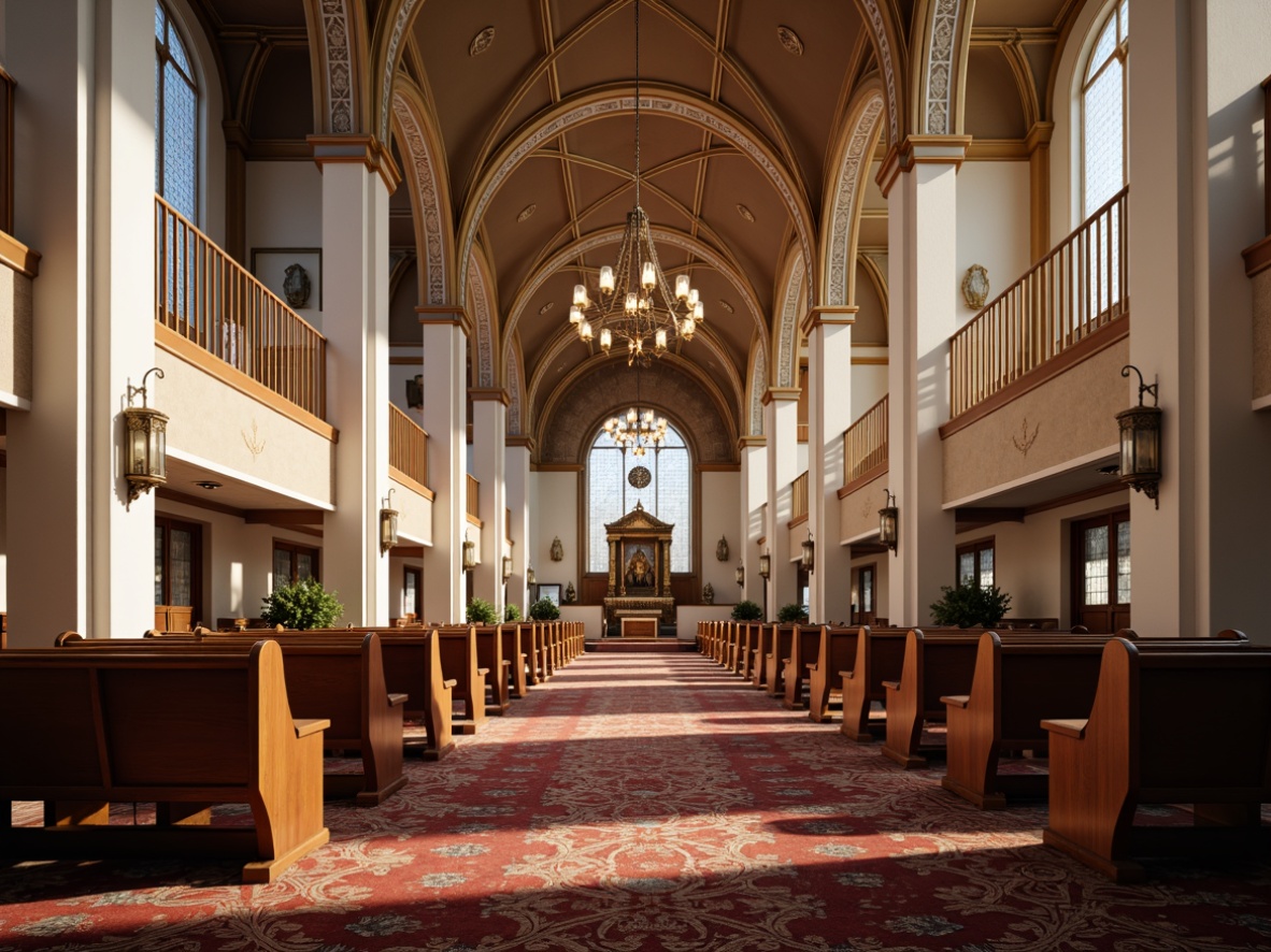 Prompt: Elegant worship hall, grandiose high ceilings, majestic arches, ornate chandeliers, intricately patterned carpets, serene natural light, subtle color palette, harmonious spatial flow, curved pews, polished wooden floors, inspirational religious icons, solemn atmosphere, soft warm lighting, shallow depth of field, 1/2 composition, symmetrical balance, realistic textures, ambient occlusion.