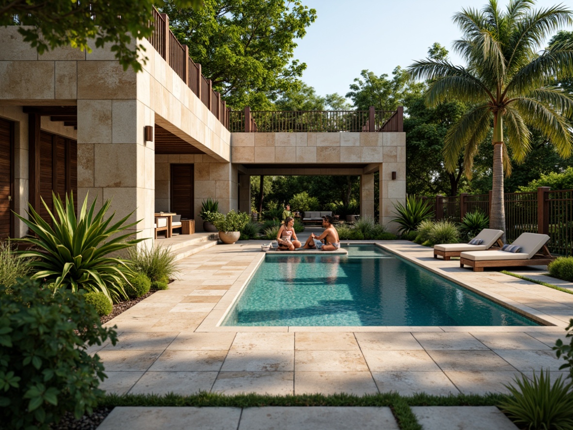 Prompt: Rustic swimming pool, natural stone walls, textured concrete floors, wooden decking, weathered wood accents, earthy color palette, lush greenery surroundings, tropical plants, sunny day, warm soft lighting, shallow depth of field, 3/4 composition, realistic water ripples, ambient occlusion, ornate metal railings, distressed wood fencing, pebble-strewn walkways, natural rock formations.