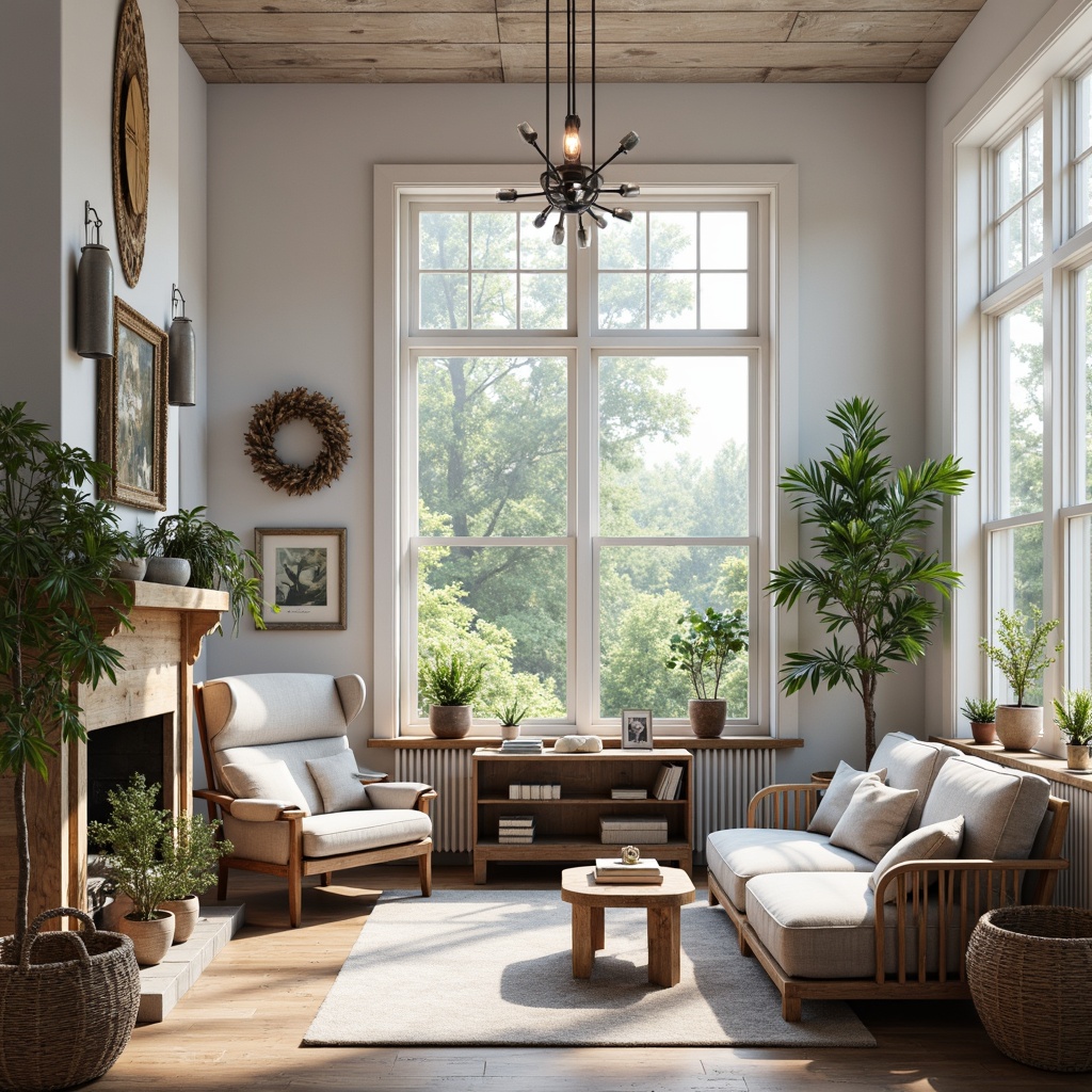 Prompt: Soft lavender hues, calming blue accents, creamy white walls, warm beige furniture, rustic wooden floors, natural textiles, woven baskets, vintage metal decorations, distressed finishes, earthy terracotta pots, lush greenery, serene ambiance, cozy reading nook, oversized windows, filtered soft light, 1/1 composition, intimate atmosphere, realistic materials, subtle shadows.