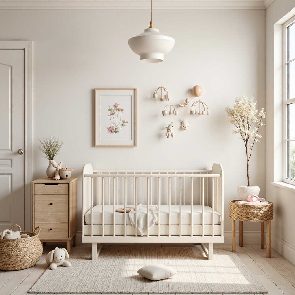 Prompt: Soft pastel colors, minimalist crib, gentle mobiles, cream-white furniture, woven baskets, natural wood accents, simple geometric patterns, subtle texture contrasts, calm atmosphere, warm softbox lighting, shallow depth of field, 1/1 composition, serene ambiance, delicate florals, gentle fabrics, baby blocks, stuffed animals, nursery rhymes, creamy whites, light oak wood, matte finishes, peaceful mood.