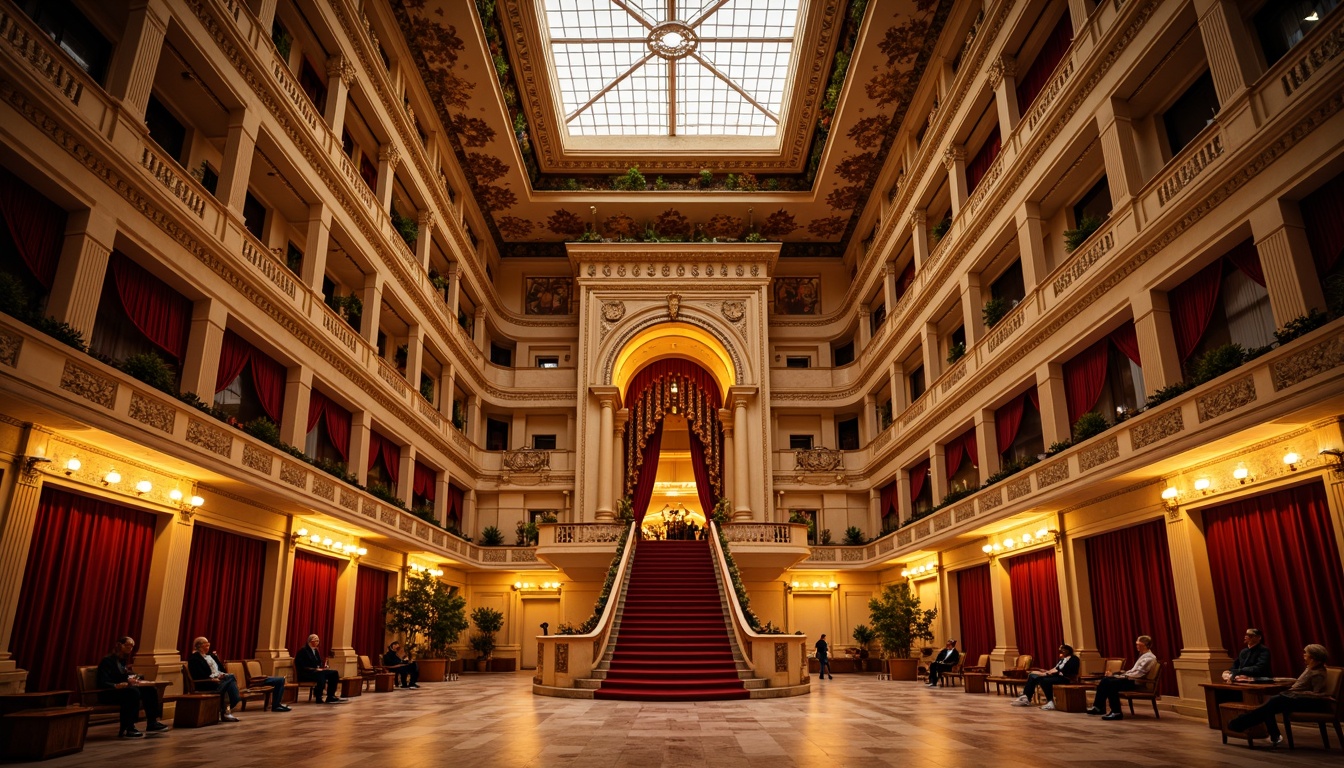 Prompt: Grand opera house, neoclassical facade, Corinthian columns, ornate capitals, sweeping arches, grand staircase, opulent chandeliers, red velvet curtains, gilded moldings, intricate frescoes, marble floors, majestic high ceilings, symmetrical composition, dramatic spotlights, warm golden lighting, shallow depth of field, 1/2 composition, realistic textures, ambient occlusion.