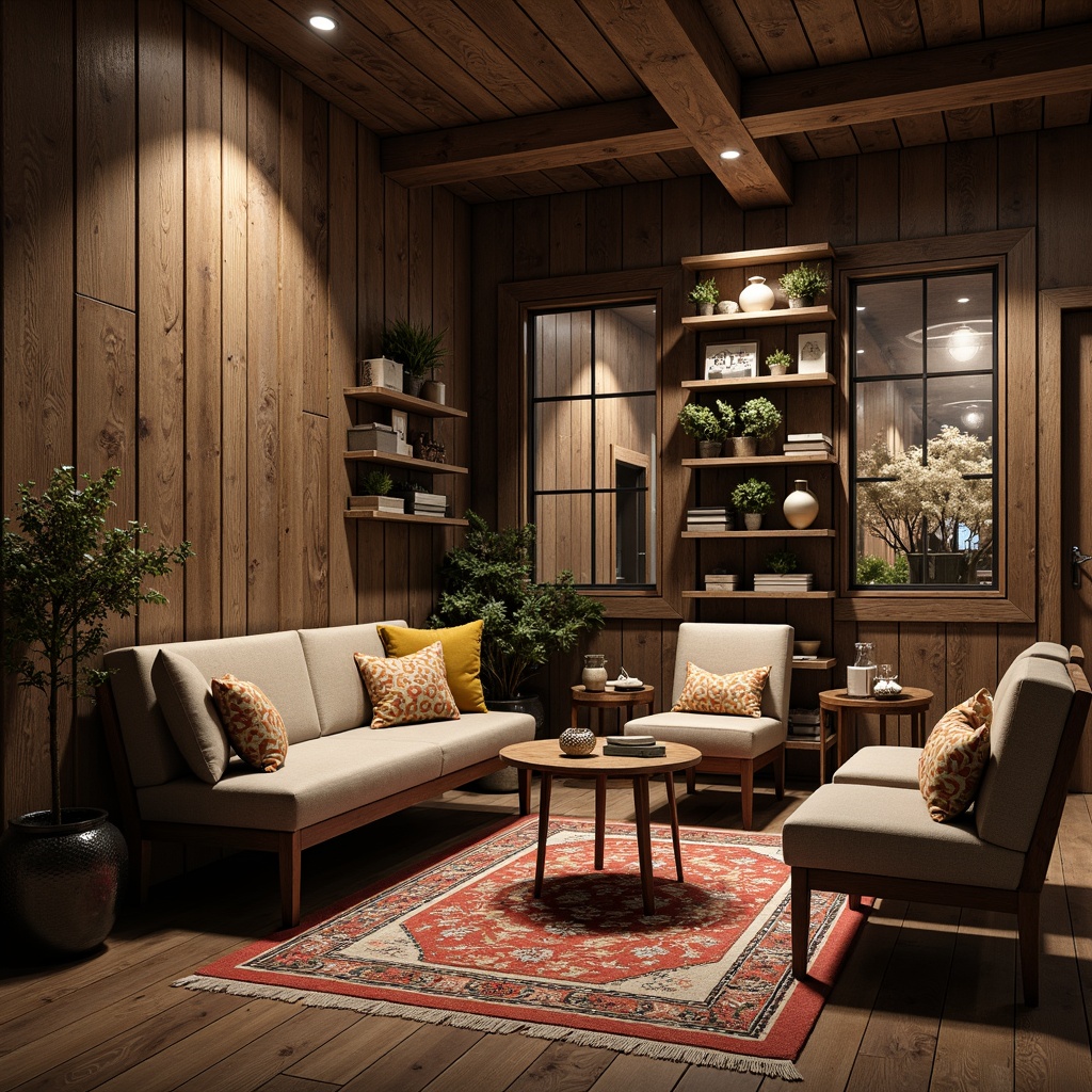 Prompt: Rustic wooden planks, distressed stone walls, vintage metal accents, richly upholstered furniture, intricately patterned rugs, natural fiber textiles, earthy color palette, warm ambient lighting, shallow depth of field, 1/2 composition, realistic material reflections, ambient occlusion, cozy atmosphere, inviting interior design.