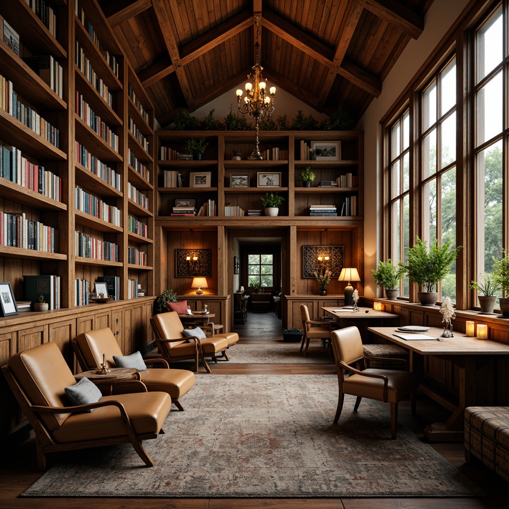 Prompt: Rustic farmhouse library, wooden bookshelves, vintage reading tables, distressed leather armchairs, warm candlelight, perforated metal screens, natural ventilation, reclaimed wood accents, earthy color palette, cozy atmosphere, soft diffused lighting, shallow depth of field, 1/1 composition, realistic textures, ambient occlusion.