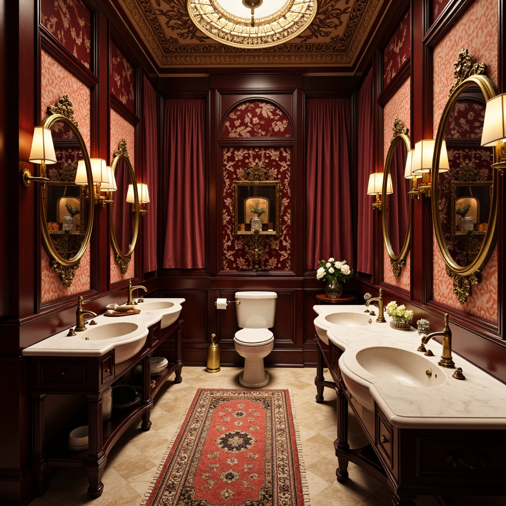 Prompt: Luxurious powder room, ornate mirrors, velvet drapes, antique furnishings, curved lines, organic forms, floral patterns, intricate carvings, bronze accents, marble countertops, rich jewel tones, soft warm lighting, shallow depth of field, 1/1 composition, realistic textures, ambient occlusion, ornate sink basins, decorative faucets, elegant sconces, plush area rugs, lavish wall decorations.