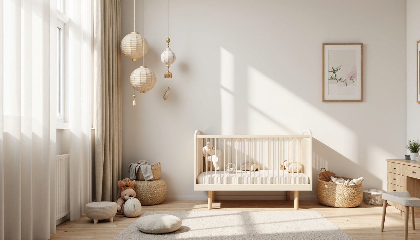 Prompt: Soft pastel colors, minimalist crib, simple mobiles, gentle curtain fabrics, natural wood tones, woven baskets, plush area rugs, soft toy storage, calming wall art, delicate paper lanterns, creamy white furniture, subtle texture contrasts, warm beige accents, serene ambiance, shallow depth of field, 1/1 composition, realistic fabric textures, ambient occlusion.