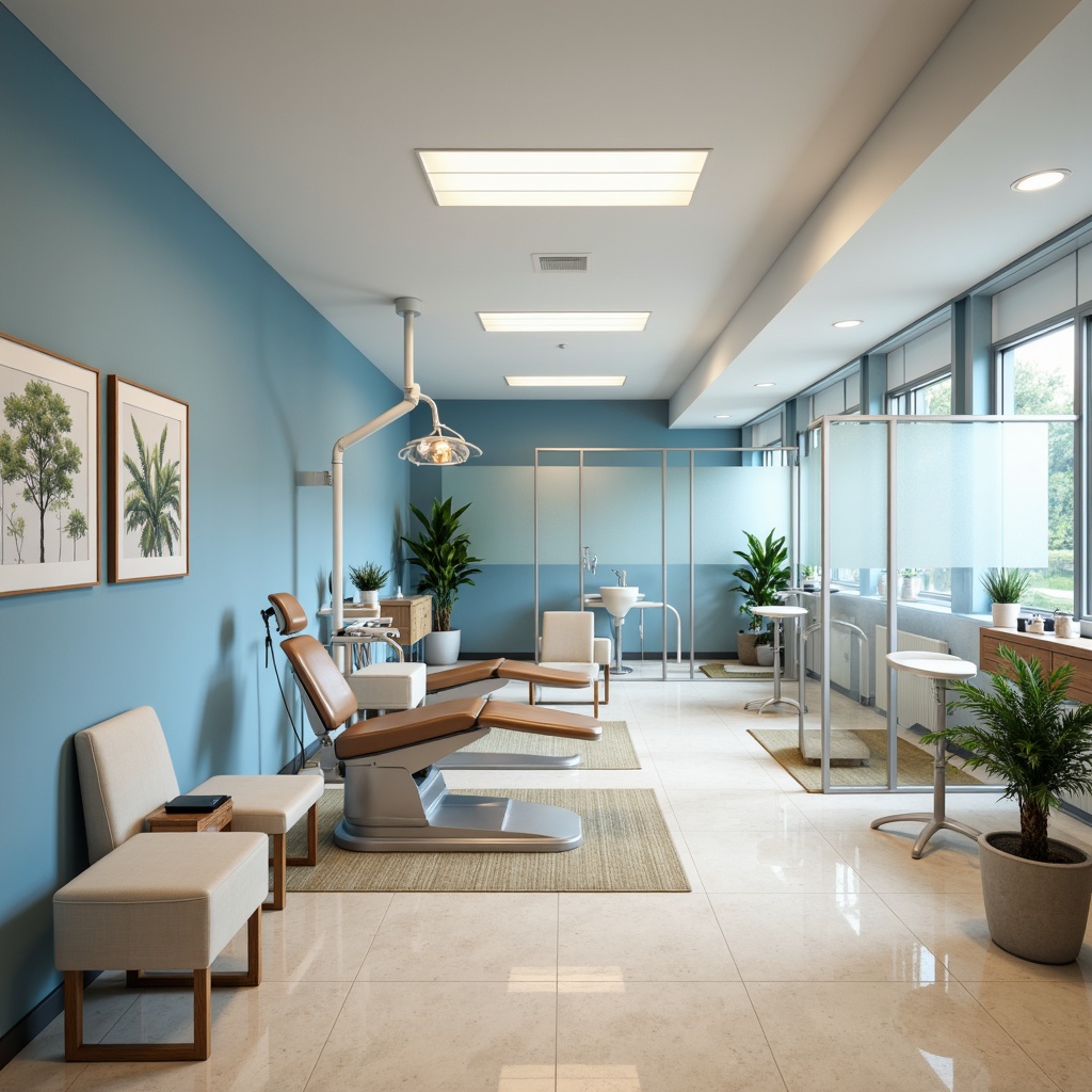 Prompt: Calming dental clinic, soothing blue walls, crisp white furniture, gentle beige floors, modern minimalist decor, stainless steel equipment, sleek glass partitions, natural wood accents, subtle patterned rugs, warm task lighting, soft shadows, shallow depth of field, 1/1 composition, realistic textures, ambient occlusion.