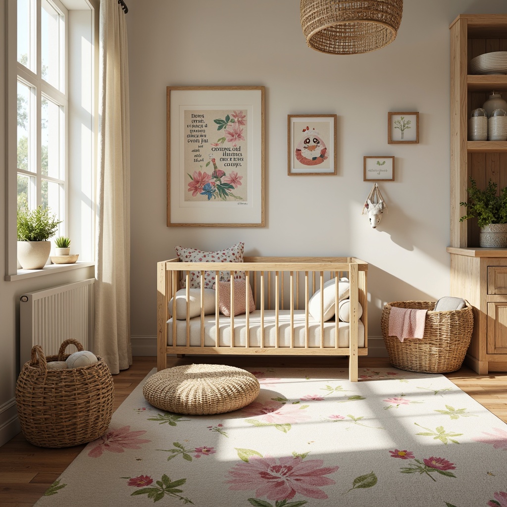 Prompt: Rustic baby room, natural wood accents, woven baskets, soft pastel colors, floral patterns, textured fabrics, distressed finishes, vintage decorative items, whimsical wall art, nursery rhyme illustrations, gentle warm lighting, 1/2 composition, shallow depth of field, realistic textures, ambient occlusion.