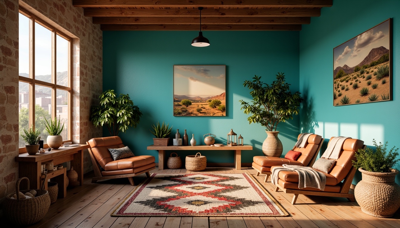 Prompt: Vibrant turquoise accent walls, rustic wooden floors, woven Navajo-inspired rugs, distressed leather armchairs, reclaimed wood workbenches, vintage metal lanterns, colorful serape blankets, woven basket storage, earthy terracotta planters, desert landscape artwork, warm golden lighting, shallow depth of field, 1/1 composition, realistic textures, ambient occlusion.