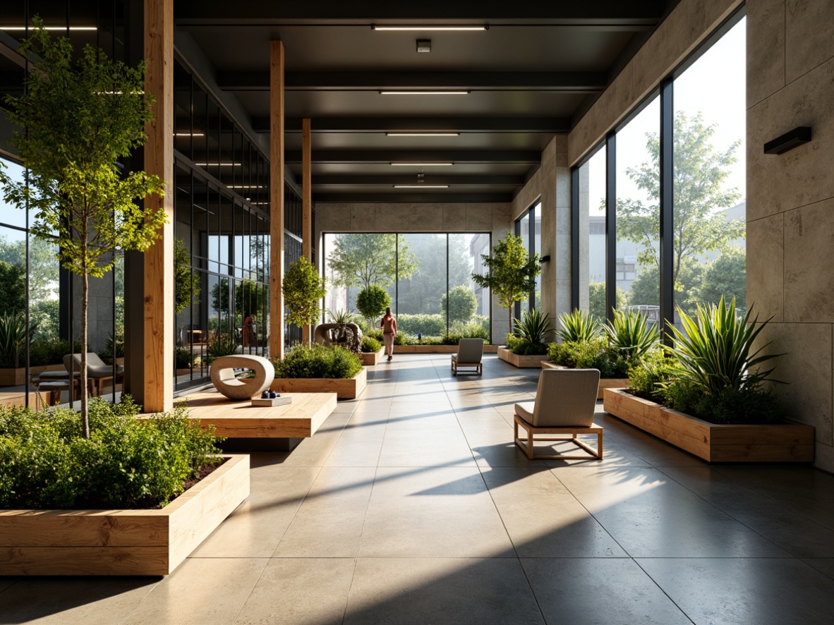 Prompt: Modern fitness club interior, large windows, glass walls, natural stone floors, wooden accents, vibrant greenery, lush plants, mirrored walls, sleek metal equipment, high ceilings, open spaces, minimal obstructions, soft warm lighting, shallow depth of field, 3/4 composition, panoramic view, realistic textures, ambient occlusion.