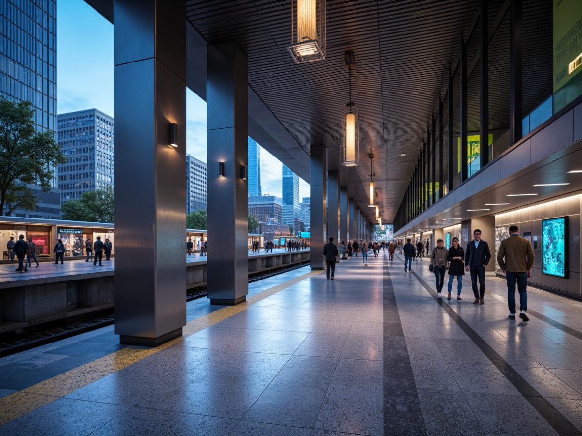 Prompt: Modern metro station interior, sleek steel columns, polished granite floors, futuristic lighting fixtures, geometric pendant lamps, minimalist ceiling designs, brushed metal accents, vibrant LED color schemes, dynamic ambient lighting, 1/1 composition, realistic reflections, high-contrast rendering, urban atmosphere, busy pedestrian traffic, rush hour scenery, abstract city maps, digital information displays.