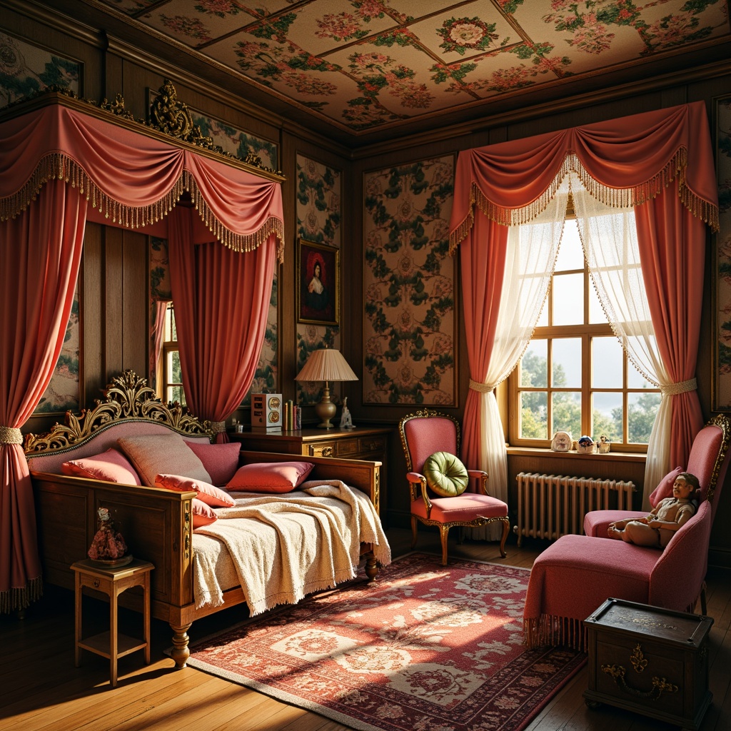 Prompt: Whimsical children's room, rich wood paneling, ornate furniture, plush velvet upholstery, carved wooden beds, delicate lace curtains, vibrant colorful wallpaper, intricate floral patterns, soft golden lighting, warm cozy atmosphere, playful toys, vintage dolls, antique books, ornamental clocks, decorative mirrors, heavy drapery, luxurious fabrics, romantic canopies, dreamy fairy lights, 1/2 composition, shallow depth of field, realistic textures.