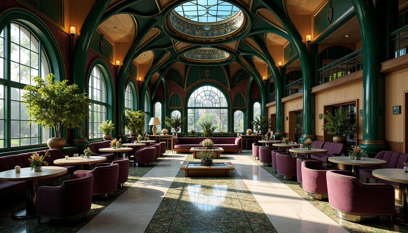 Prompt: Opulent Art Nouveau interior, sinuous lines, flowing curves, organic shapes, rich jewel tones, emerald green, sapphire blue, amethyst purple, gold accents, ornate details, intricate patterns, natural materials, polished wood, marble surfaces, velvet textiles, soft warm lighting, dramatic shadows, 1/2 composition, atmospheric perspective, realistic rendering.