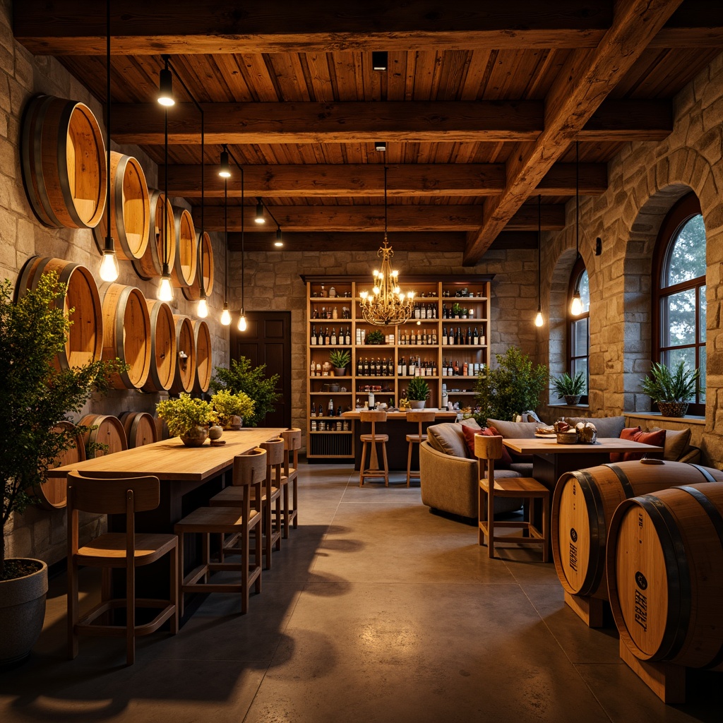 Prompt: Rustic winery interior, wooden barrel racks, dimmable pendant lights, warm Edison bulbs, metal chandeliers, reclaimed wood accents, earthy color palette, stone walls, exposed ceiling beams, natural textures, soft golden lighting, cozy atmosphere, intimate gathering spaces, elegant dining areas, refined tasting rooms, subtle aromas, wine cellar ambiance, dramatic shadows, 3/4 composition, low-key lighting, realistic reflections.