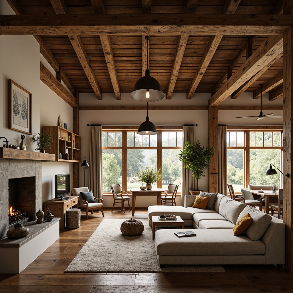 Prompt: Rustic farmhouse interior, exposed wooden beams, distressed wood accents, industrial metal fixtures, vintage farm tools, earthy color palette, natural stone walls, reclaimed wood flooring, cozy plush furniture, pendant lighting, modern minimalist decor, open-plan living area, high ceiling, abundance of natural light, soft warm glow, shallow depth of field, 1/1 composition, realistic textures, ambient occlusion.