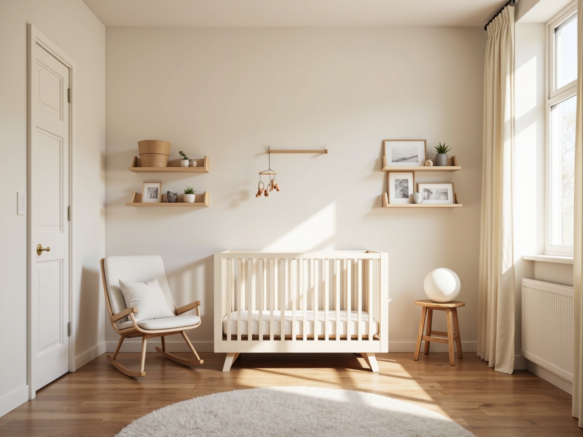 Prompt: Minimalist baby room, soft beige walls, oak wood floor, natural light, airy feel, simple crib, white linens, subtle textures, wooden rocking chair, plush area rug, minimalist mobile, calming color palette, soft pastel hues, gentle patterns, clean lines, functional storage, floating shelves, wall-mounted decor, warm LED lighting, shallow depth of field, 1/1 composition, realistic fabrics, ambient occlusion.