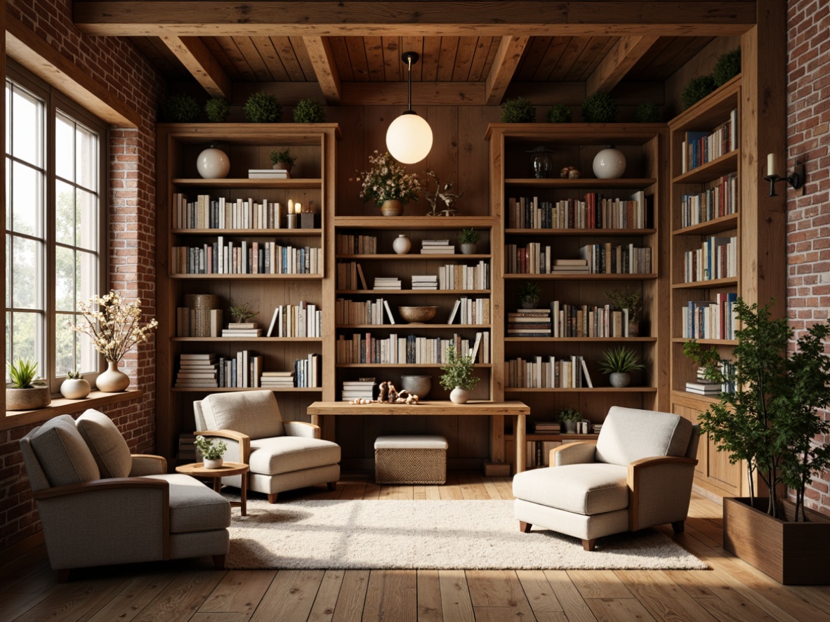 Prompt: Rustic library, farmhouse style, open shelving units, reclaimed wood, natural textures, earthy tones, vintage book collections, cozy reading nooks, plush armchairs, warm pendant lighting, wooden ladder, exposed brick walls, rustic metal accents, country-inspired decor, soft warm color palette, shallow depth of field, 1/1 composition, realistic wood grain textures, ambient occlusion.