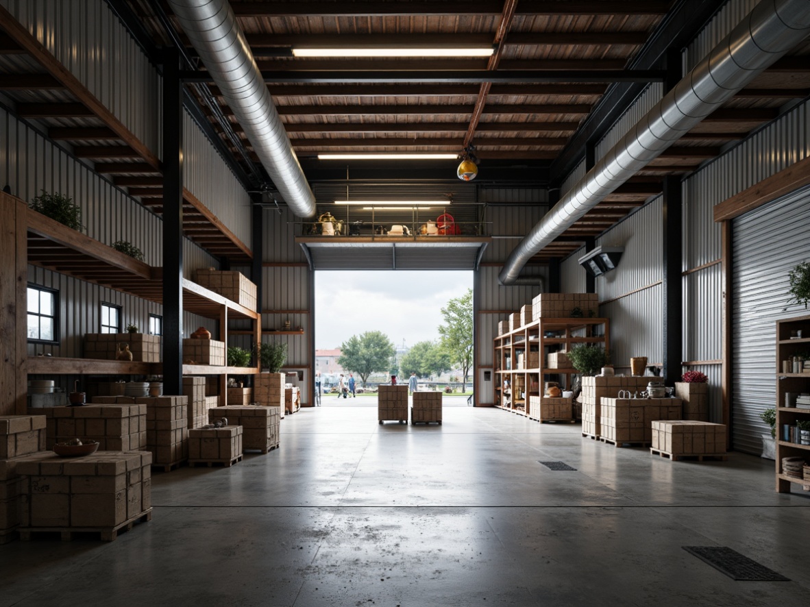 Prompt: Rustic warehouse atmosphere, exposed ductwork, concrete floors, metal beams, industrial lighting fixtures, overhead cranes, shelving systems, pallet racks, commercial storage solutions, corrugated metal walls, steel roll-up doors, urban cityscape views, cloudy day, soft natural lighting, shallow depth of field, 2/3 composition, symmetrical framing, realistic metallic textures, subtle ambient occlusion.