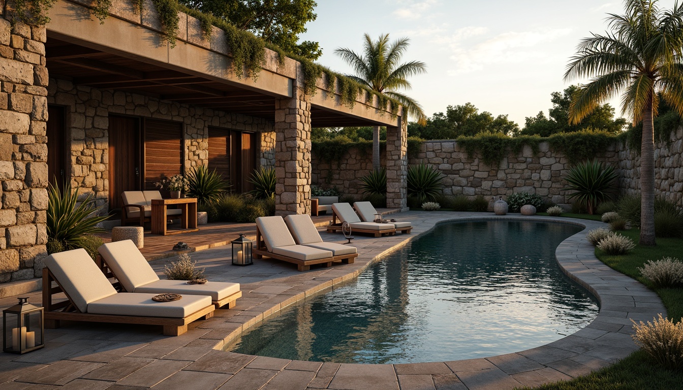 Prompt: Rustic stone walls, natural rock formations, earthy tones, moss-covered surfaces, wooden decking, weathered planks, distressed wood textures, lantern-style lighting, warm sunset ambiance, soft golden illumination, shallow water effects, gentle ripples, 1/2 composition, symmetrical framing, serene atmosphere, organic shapes, free-form pool design, pebble-stone flooring, travertine coping, Mediterranean-inspired decor, lush greenery surroundings, palm tree silhouettes.