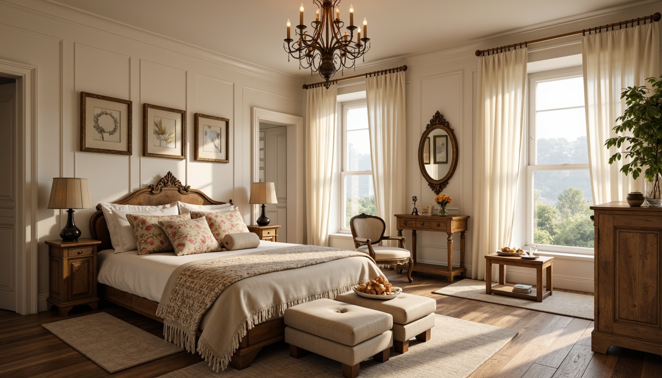 Prompt: Soft warm glow, vintage metal chandeliers, distressed wooden furniture, floral patterned duvet covers, lace curtains, creamy white walls, plush area rugs, tufted ottomans, crystal door knobs, ornate mirrors, rustic wood flooring, natural fiber textiles, pastel color palette, candlelit ambiance, warm beige tones, delicate trim details, 1/1 composition, shallow depth of field, soft focus effect, intimate atmosphere.