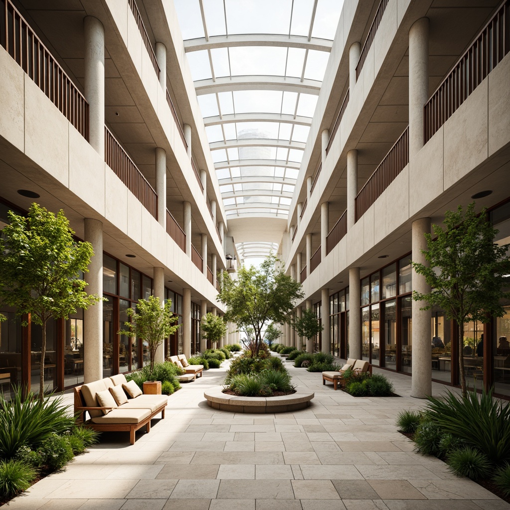 Prompt: High-ceilinged courthouse interior, spacious atrium, clerestory windows, skylights, natural stone flooring, wooden accents, minimalist decor, abundant greenery, lush plants, transparent glass walls, open floor plan, column-free spaces, curved lines, airy atmosphere, soft warm lighting, indirect daylighting, 1/1 composition, shallow depth of field, panoramic view, realistic textures, ambient occlusion.