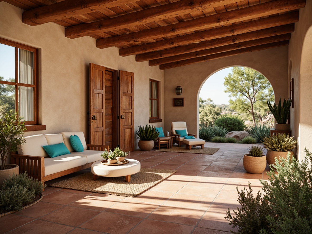 Prompt: Southwestern adobe-style villa, warm wooden accents, natural reclaimed wood, earthy terracotta floors, rustic wooden beams, vibrant turquoise decor, desert botanicals, cactus plants, sunny afternoon, soft warm lighting, shallow depth of field, 3/4 composition, panoramic view, realistic textures, ambient occlusion, clay roof tiles, stucco walls, arched windows, ornate wooden doors, woven textiles, geometric patterns, earthy color palette.