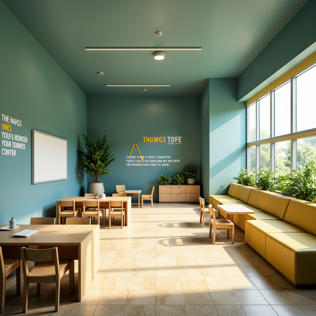 Prompt: Vibrant educational setting, calming blue-green walls, warm beige floors, stimulating yellow accents, natural wood furniture, ergonomic chairs, collaborative workstations, interactive whiteboards, soft overhead lighting, cozy reading nooks, lush greenery, inspirational quotes, modern minimalist design, soothing color transitions, 1/1 composition, gentle gradient effects, realistic textures, ambient occlusion.