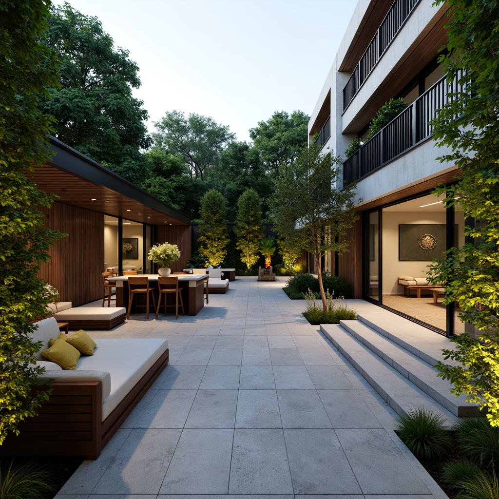 Prompt: Harmonious courtyard, lush green walls, natural stone flooring, wooden benches, modern minimalist architecture, large glass windows, sliding doors, cantilevered roofs, outdoor kitchenette, built-in seating areas, integrated planters, ambient lighting, soft warm glow, shallow depth of field, 3/4 composition, panoramic view, realistic textures, ambient occlusion.